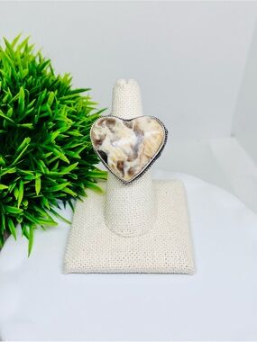 Heart-Shaped Brown Jasper Stone Ring Silver Plated - Women Jewelry